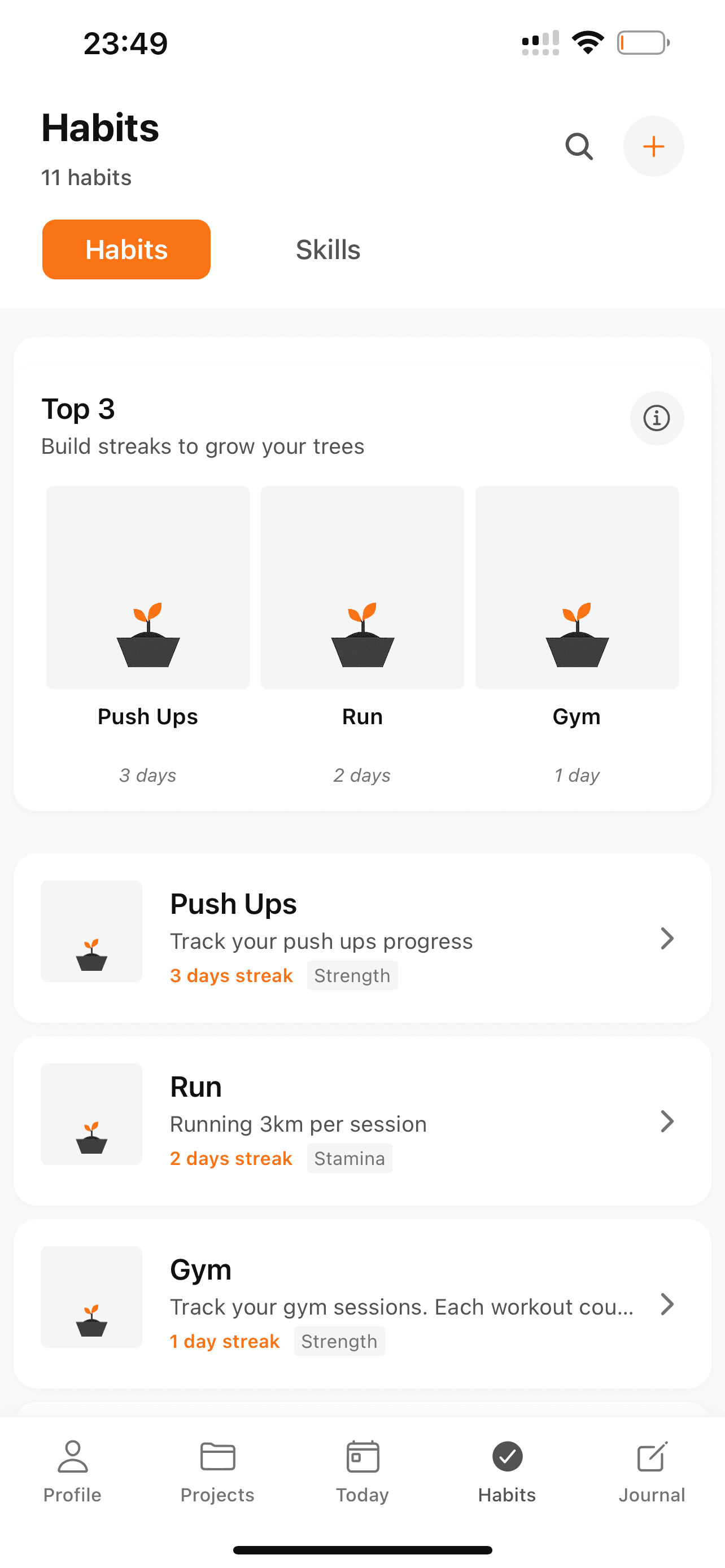 Kaizen habits screen showing streak tracking for push-ups, running, and gym workouts