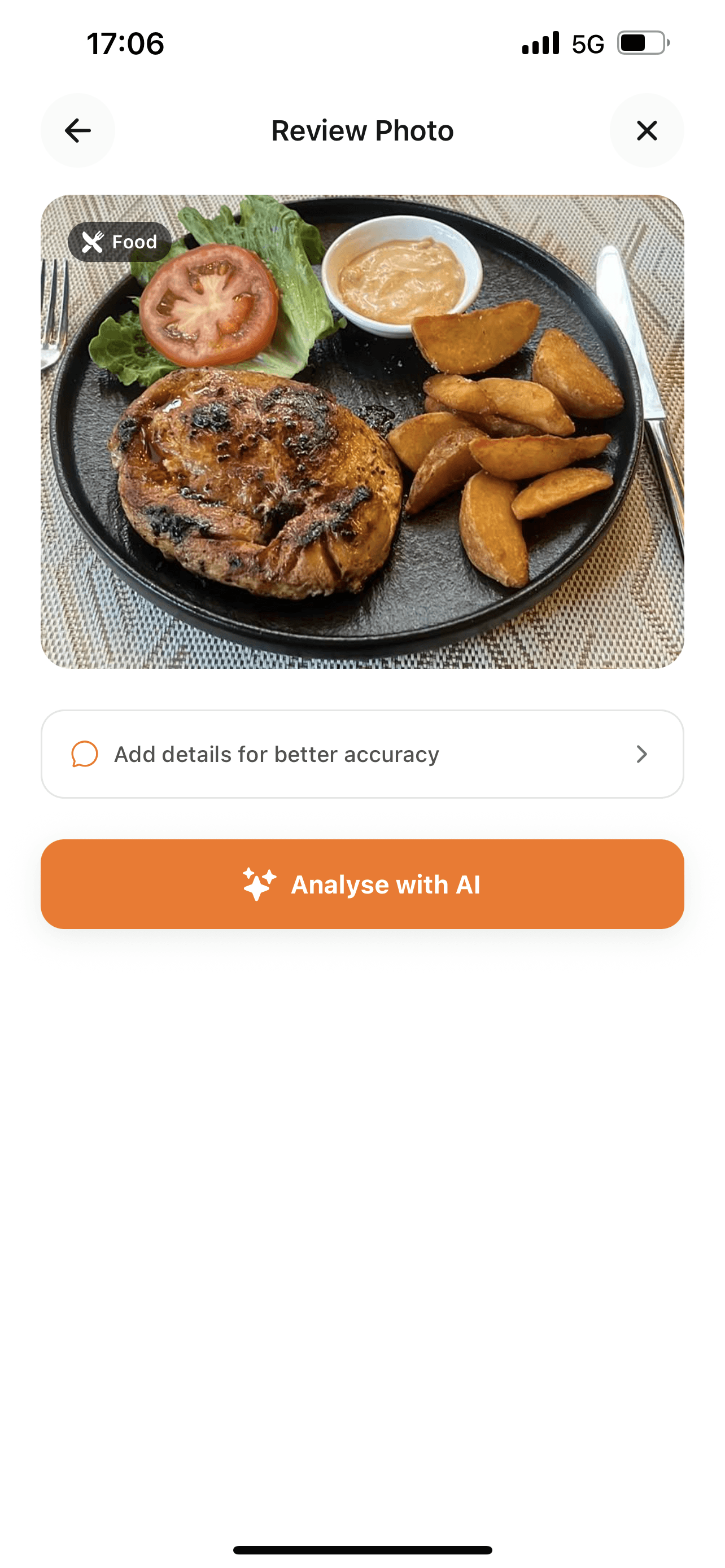 Kaizen AI food analysis — photo of a meal with Analyse with AI button
