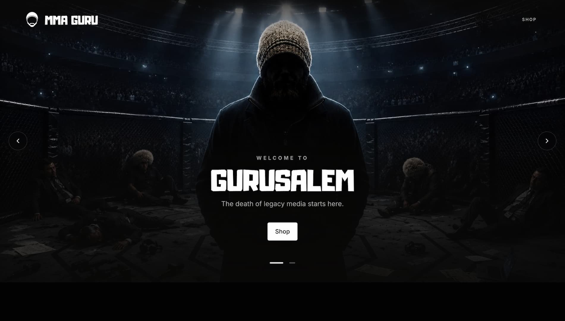 The MMA Guru homepage with the merch collection and live YouTube content