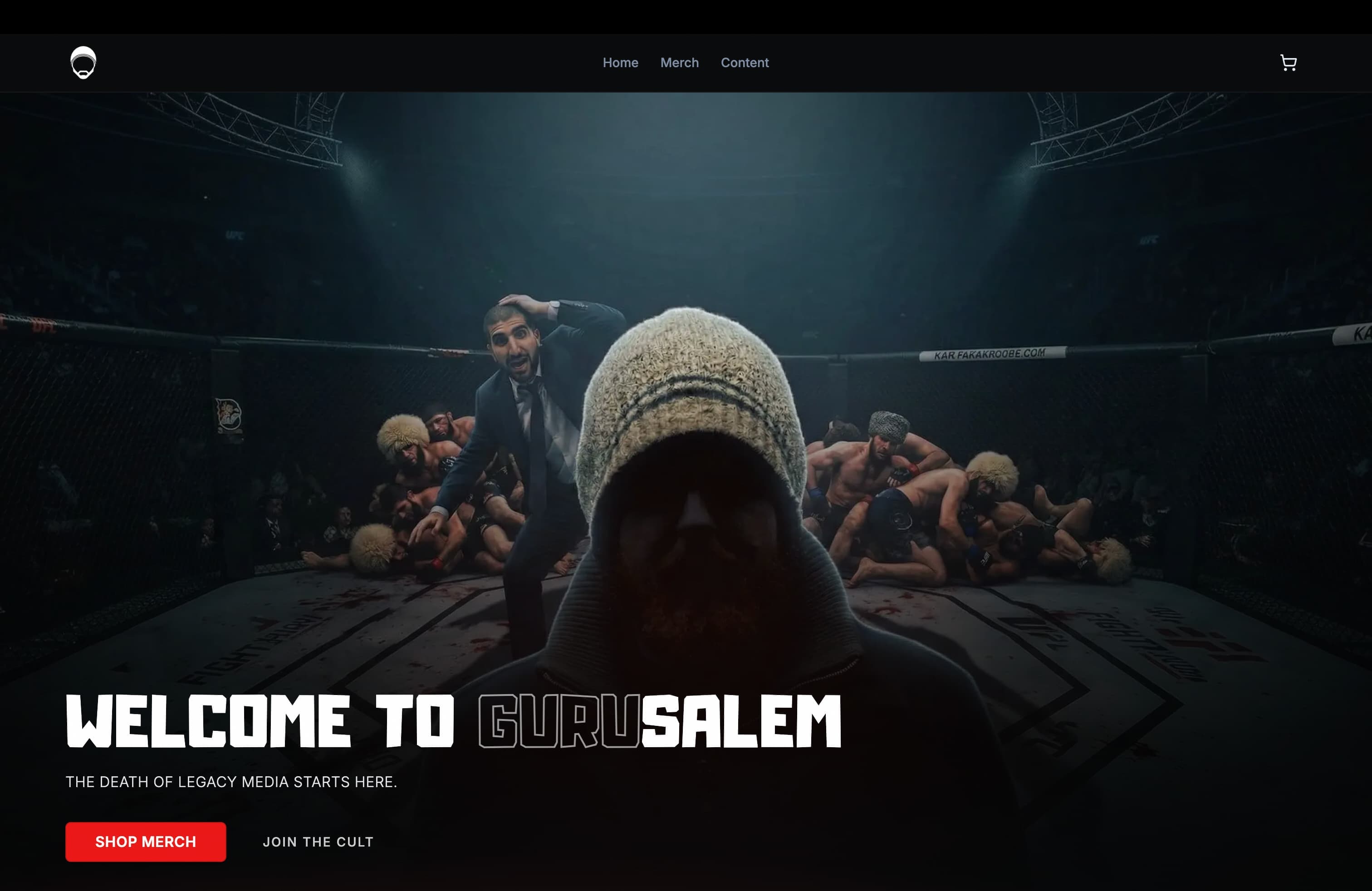 The MMA Guru homepage with the Gurusalem Drip merch collection and live YouTube content