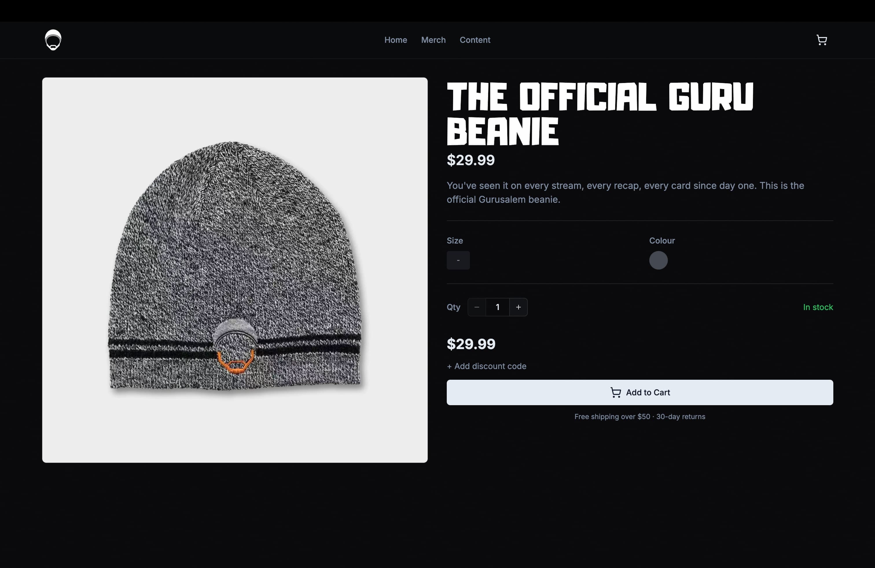 MMA Guru product page on desktop showing a featured beanie from the Gurusalem Drip collection