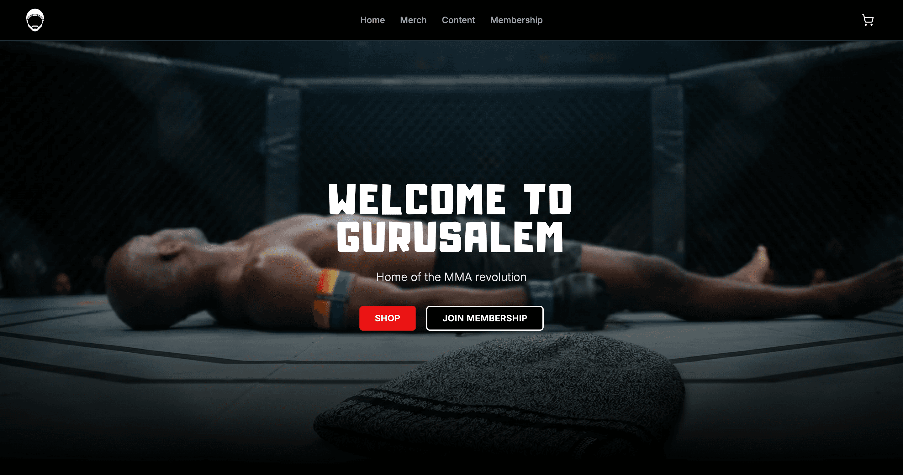 The MMA Guru homepage showing hero section, merchandise, and fight companion content