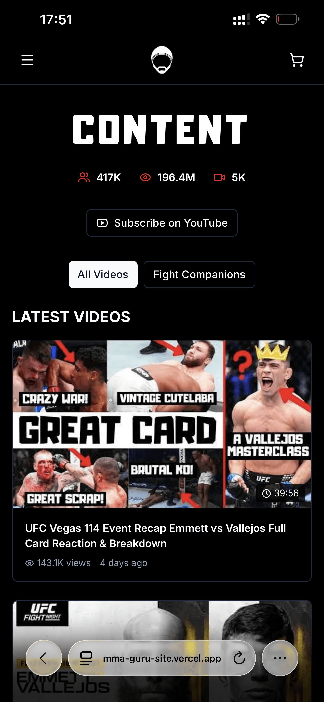 MMA Guru content page on mobile — YouTube stats, video feed with fight companions filter