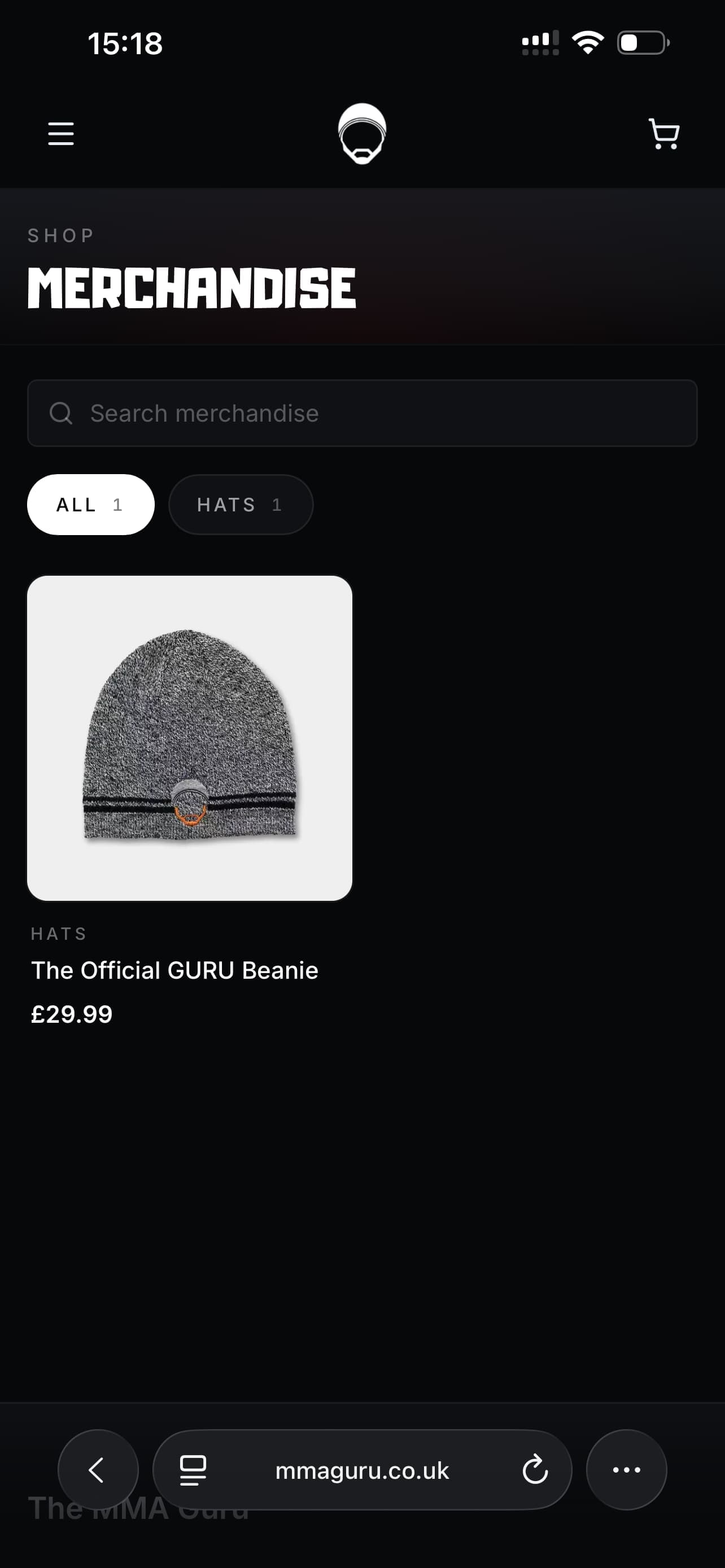 MMA Guru merch store on mobile showing product search, category filters, beanie product