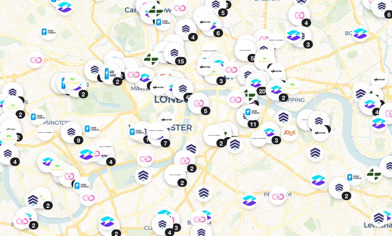 Oracle competitor intelligence map view: a dense cluster of competitor powerbank rental venues across central London, each pin showing the competitor brand and venue count