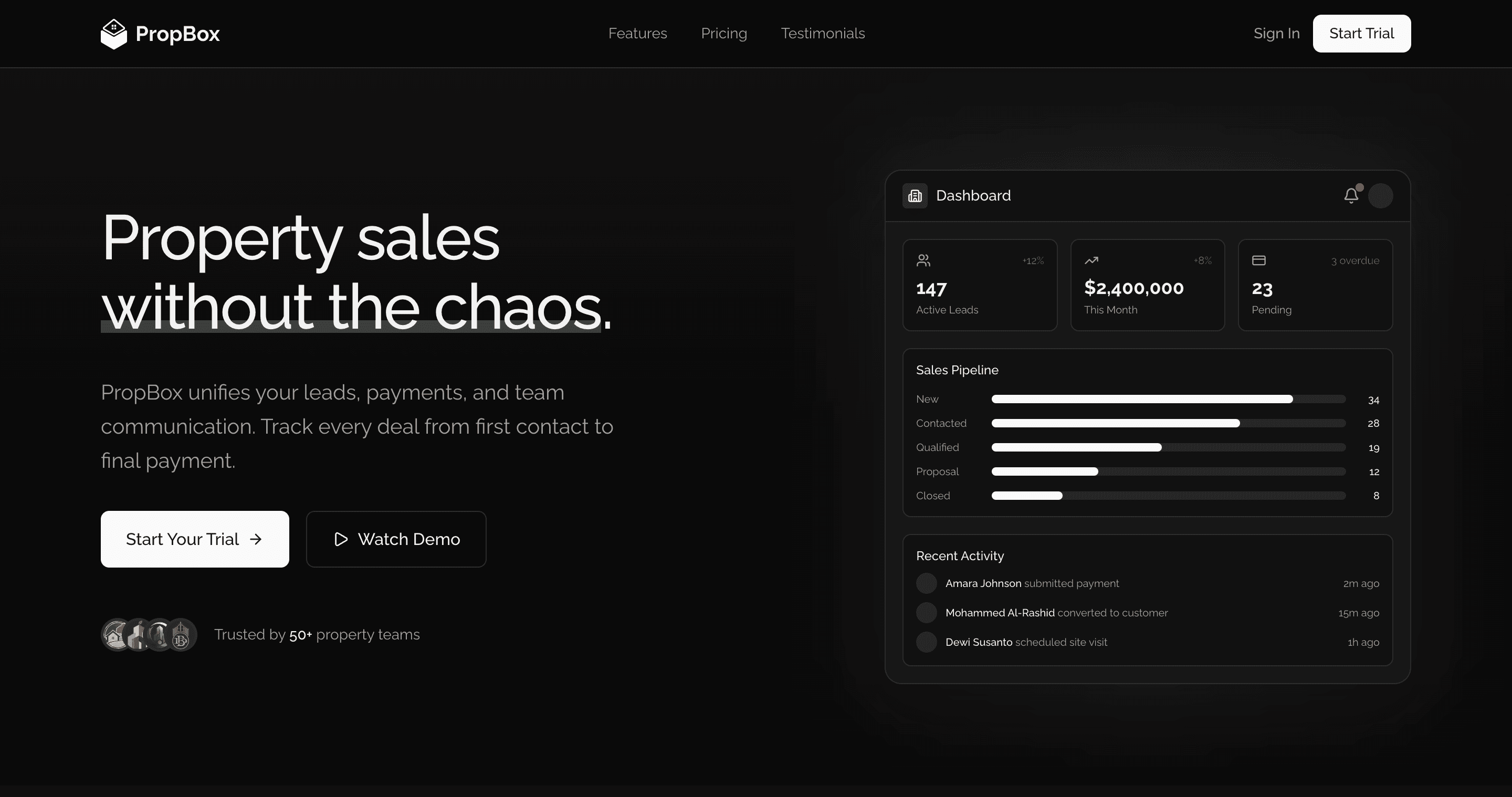 PropBox marketing site showing the product landing page