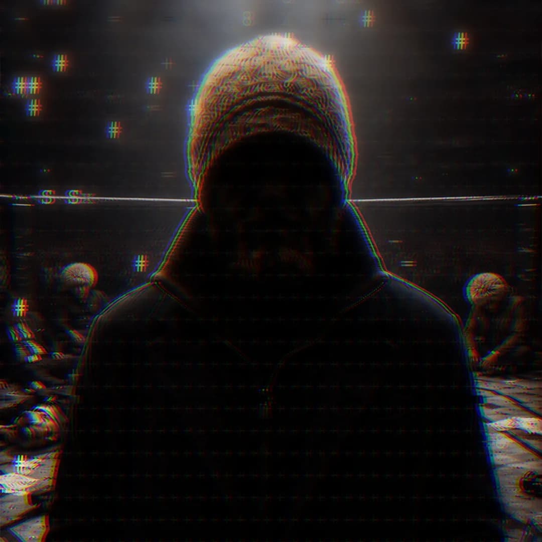 The MMA Guru mask over a cage-side scene under an ASCII-glitched treatment