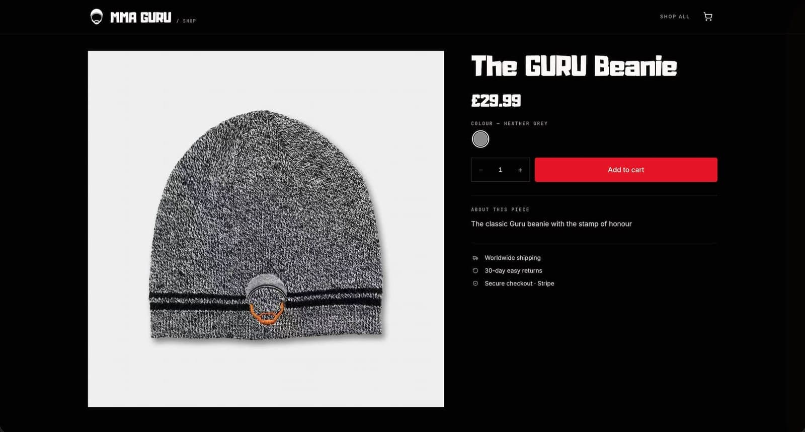 The MMA Guru storefront product page, where a sale enters the fulfilment flow