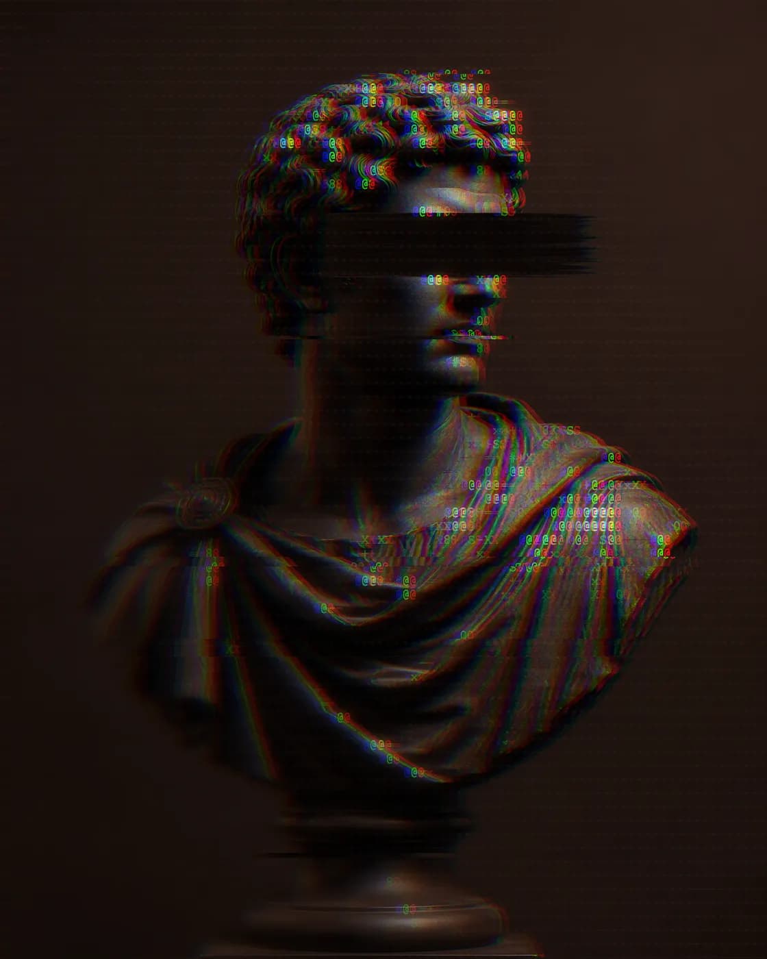 Classical bust with a redaction bar across the eyes